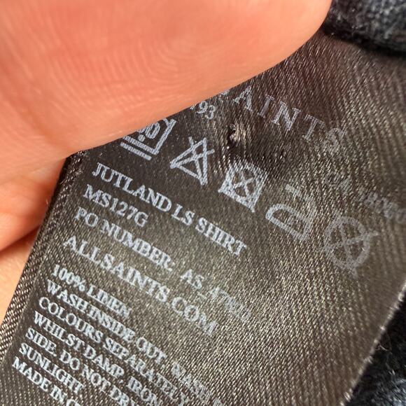 AllSaints 100% Linen Button Shirt Mens S Navy Blue Jutland Long Sleeve Camp - Picture 6 of 11